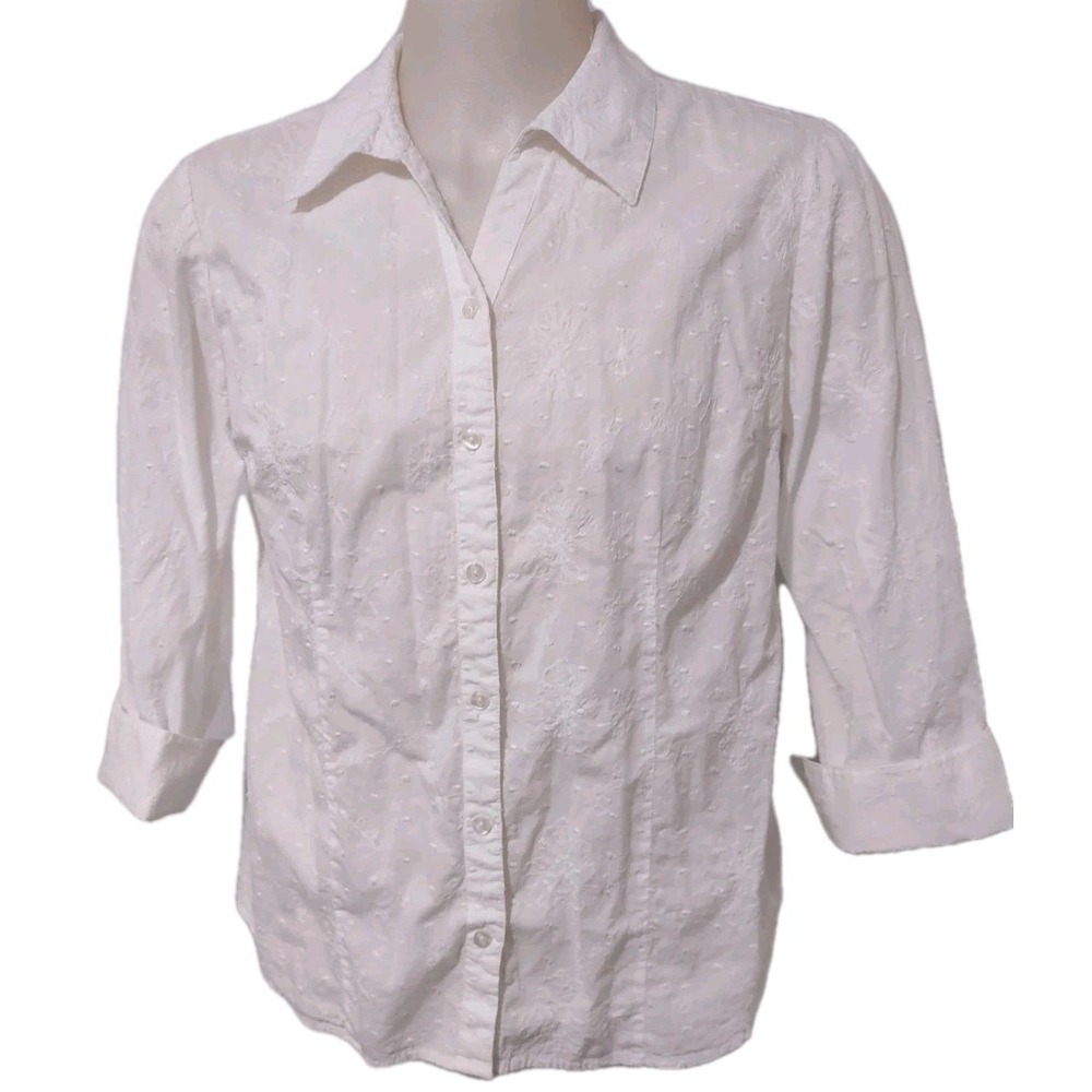 JM COLLECTION Blouse Women's Size 16 Embroidered 3/4 Sleeve Shirt Collared White